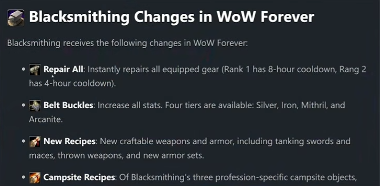 Blacksmithing changes in WoW Forever