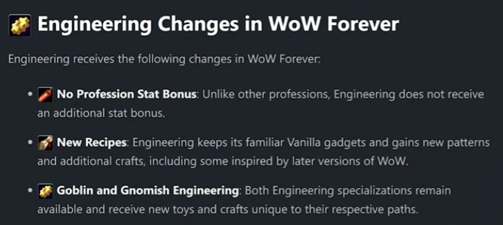 Engineering changes in WoW Forever