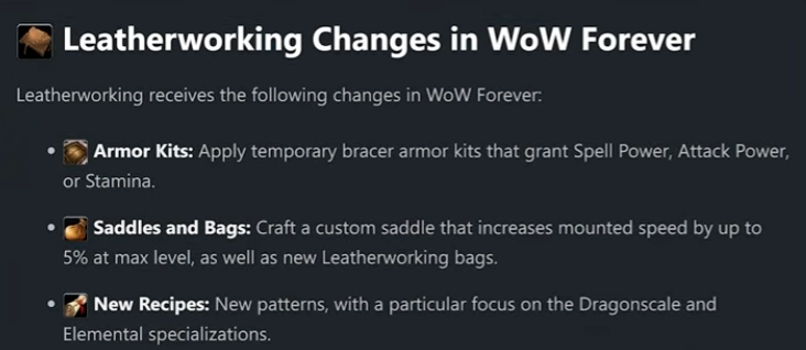 Leatherworking changes in WoW Forever