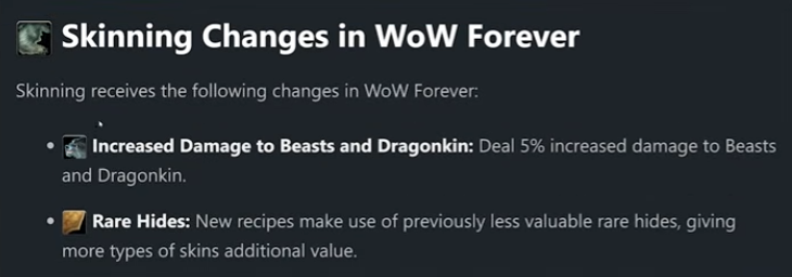 Skinning changes in WoW Forever