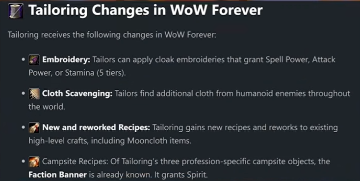 Tailoring changes in WoW Forever