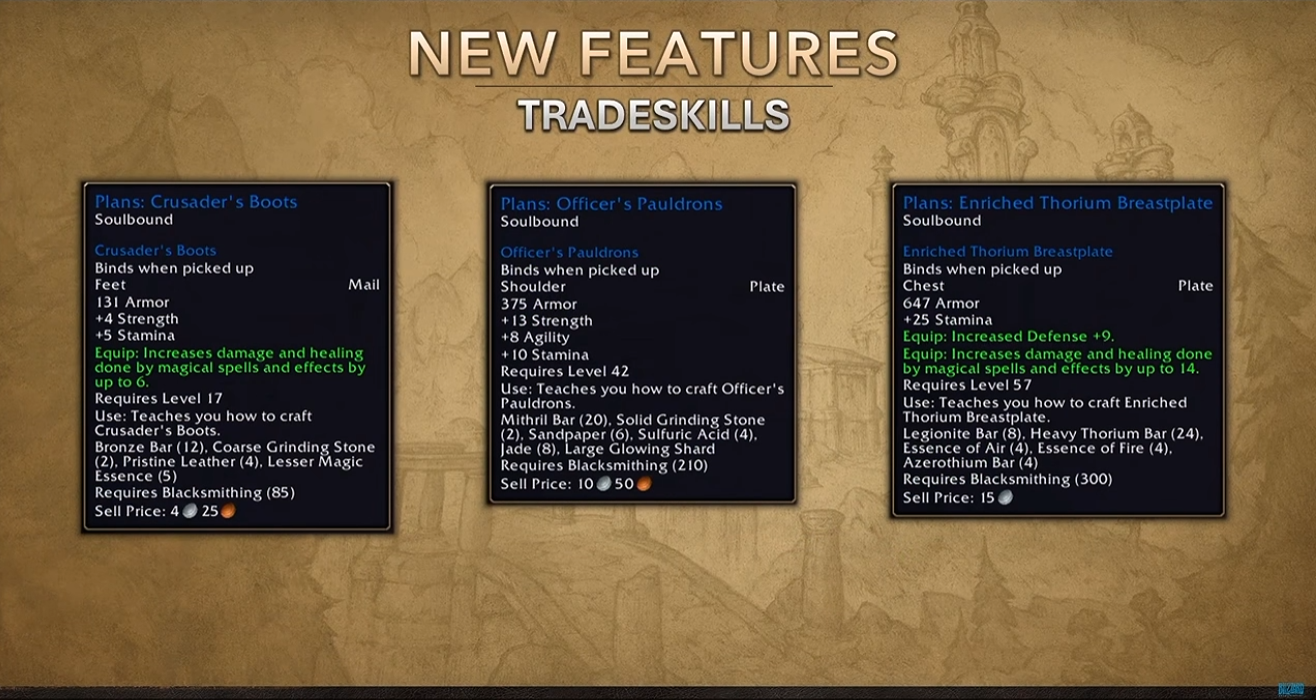 WoW Forever trade skills screenshot with Blacksmithing plans for Crusader’s Boots, Officer’s Pauldrons, and an Enriched Thorium Breastplate.
